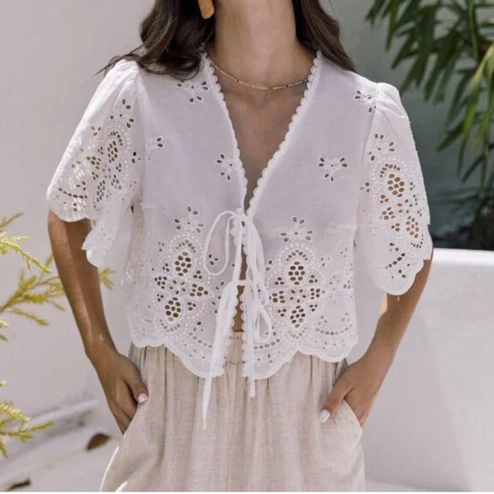 White Boho Women's Summer Ruffle Sleeve Embroidery Fabric Lace Up Short Top